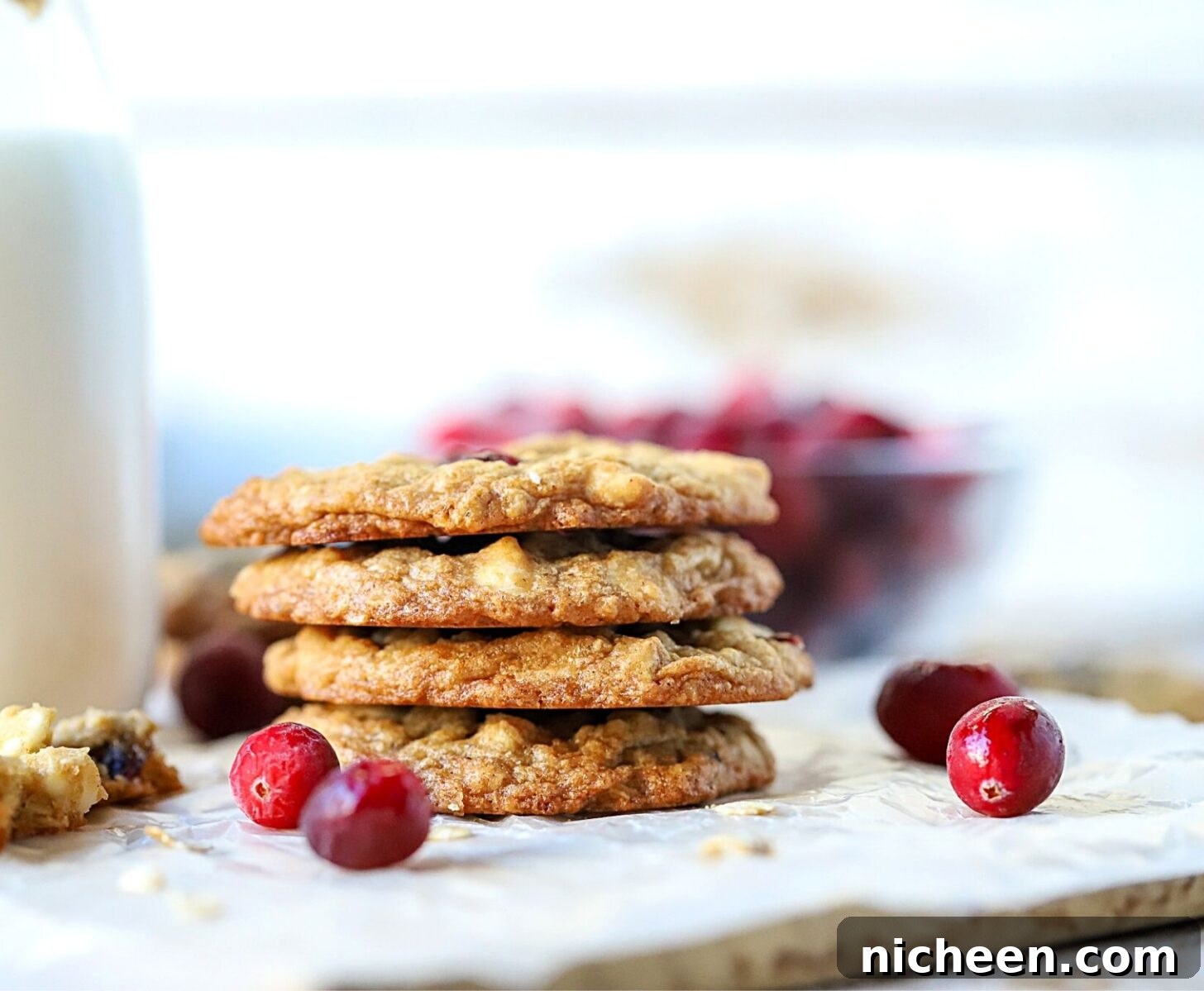Chewy White Chocolate Cranberry Oatmeal Cookie Recipe 9 cranberry cookies in a stack