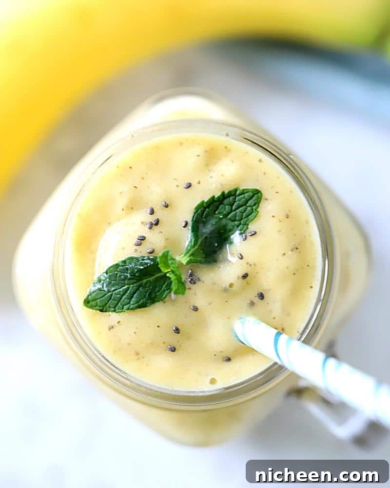 Tropical Mango Pineapple Smoothie Recipe 7 top view of a pineapple mango smoothie