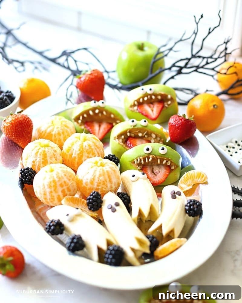 Apple Monster Mouths: Halloween Snack Recipe 6 tray of healthy halloween treats