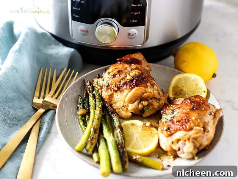 Instant Pot Lemon Chicken in front of the pressure cooker