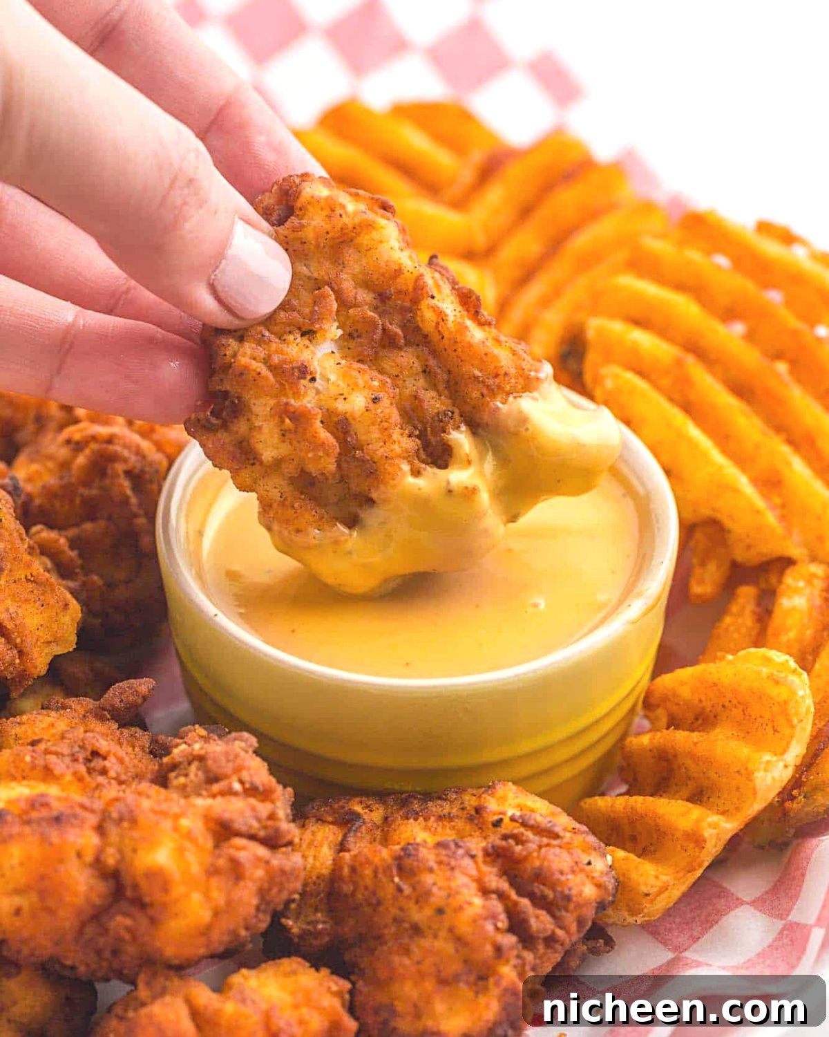 15 Irresistible Dipping Sauce Recipes for Chicken Tenders 9 Chicken fingers being dipped in Chick-fil-A sauce.