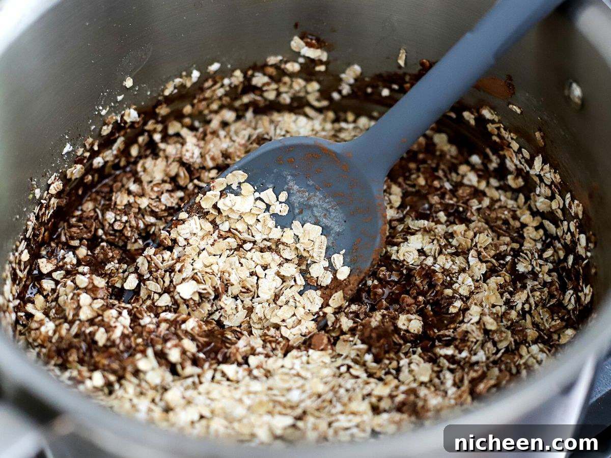 Peanut-Free No-Bake Chocolate Oat Cookies 7 oats and chocolate being mixed into cookie batter.