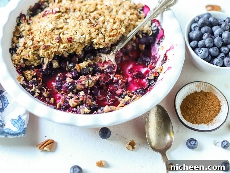 blueberry crumble in a baking dish