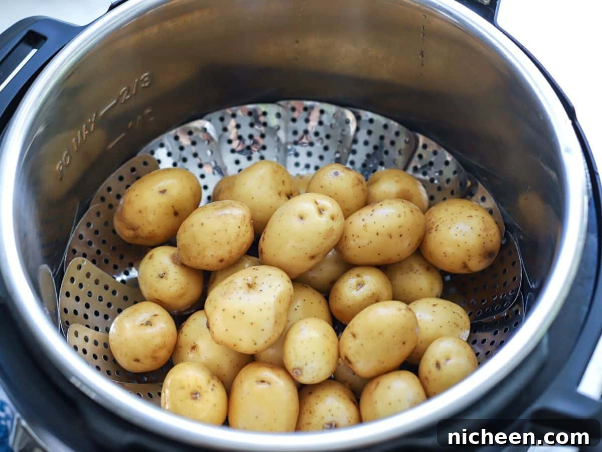 Instant Pot Baby Potatoes with Garlic and Herbs 5 Instant Pot with a steamer baskets and potatoes.