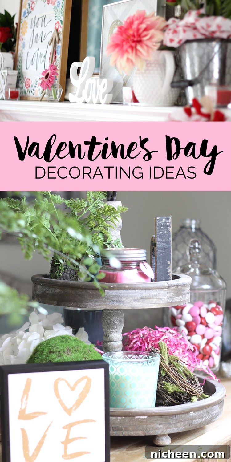 Valentine's mantel styling with roses and neutral accents