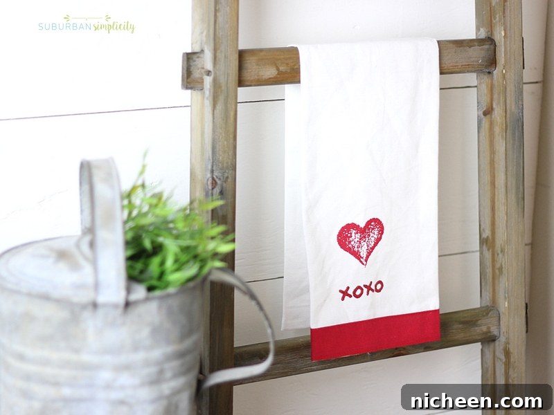 Decorative ladder with a Valentine's tea towel