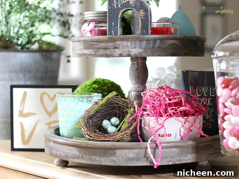 Cozy family room decorated for Valentine's Day with neutral and red accents