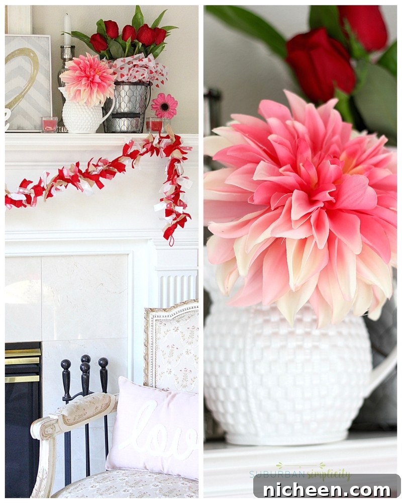 Close-up of Valentine's Day mantel decor with roses and candles