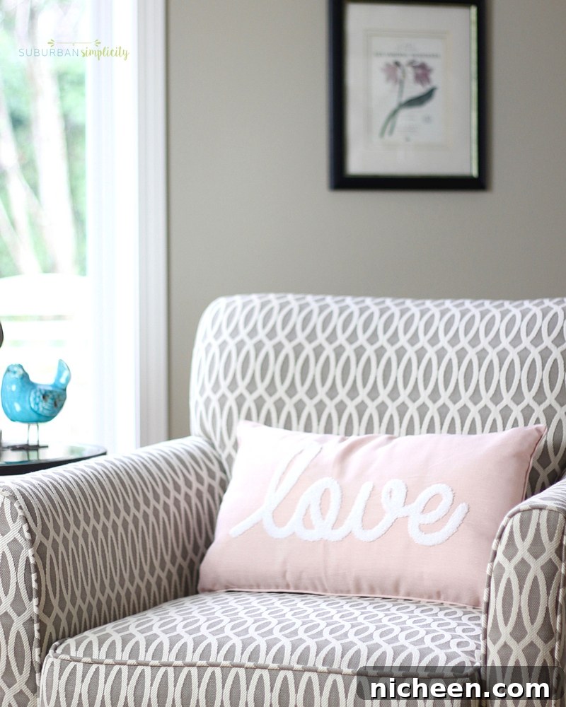 Accent pillows with Valentine's Day theme on a sofa
