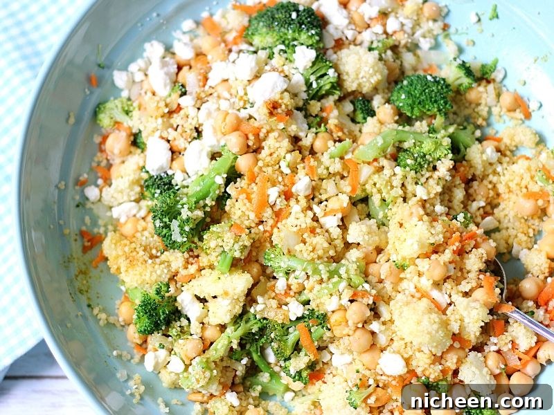 15-Minute Mediterranean Curried Couscous Salad with Broccoli, Chickpeas, and Feta