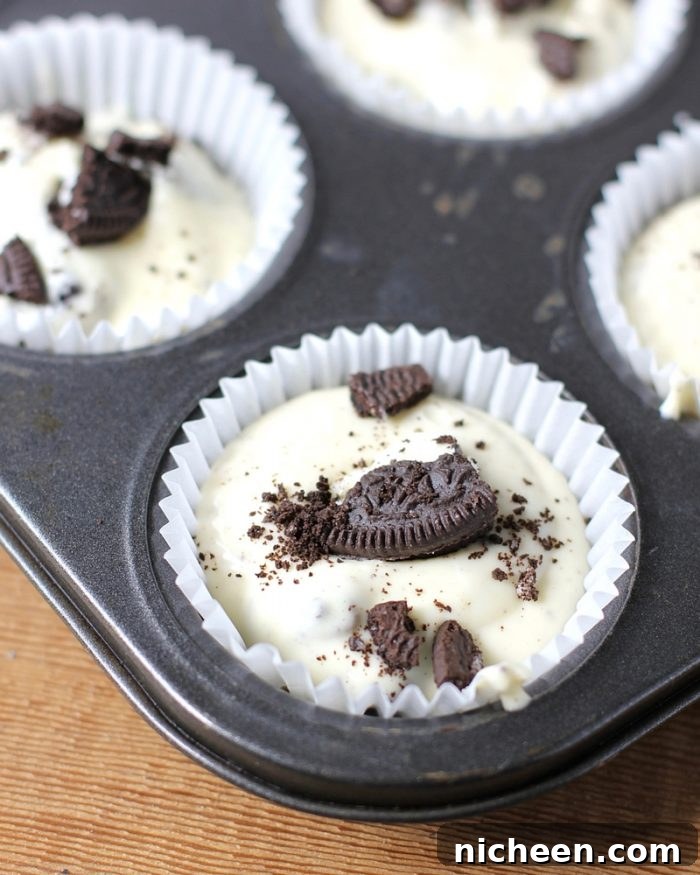 Mini Oreo Cheesecakes Recipe 5 Muffin tins filled with Mini Cheesecakes with Oreo crust and topped with bits of Oreo Cookie.