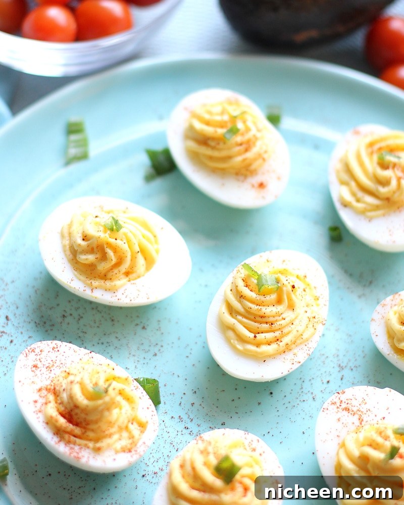 Blue plate full of deviled eggs.