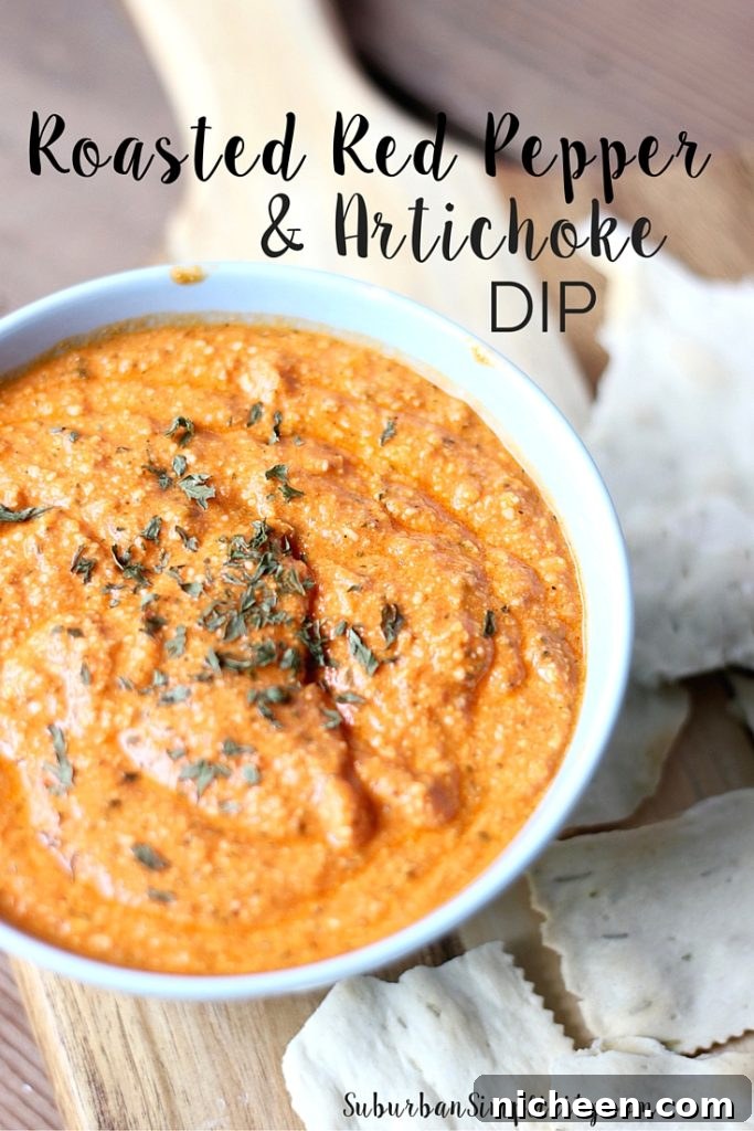 This Roasted Red Pepper and Artichoke Dip recipe is the perfect appetizer.  Light and healthy, yet bold in flavor.  It takes 5 minutes to make, but will be the hit of your next party! | Easy Appetizer