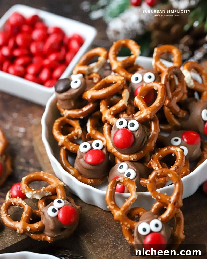 Pretzel Rolo Reindeer in a dish