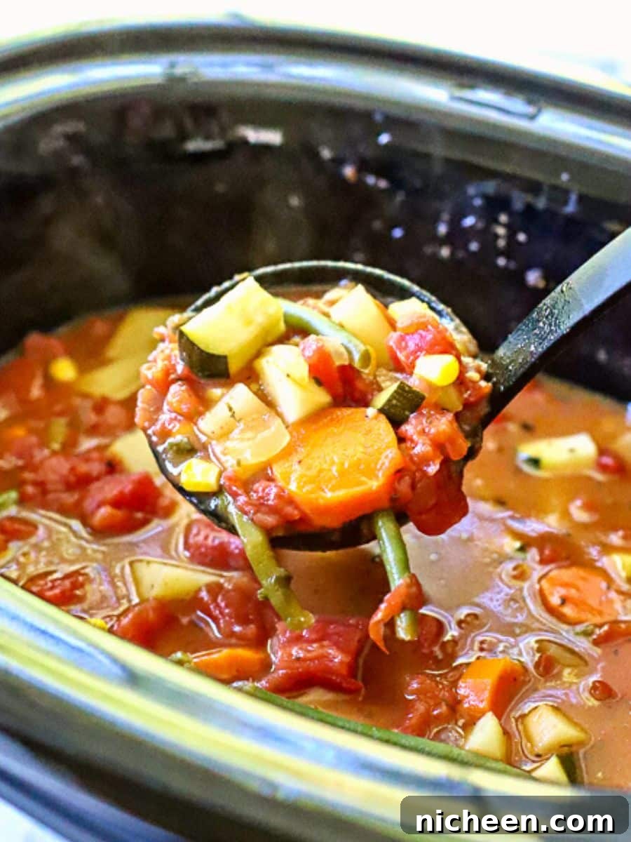Crock Pot Vegetable soup being ladled out of the slow cooker.