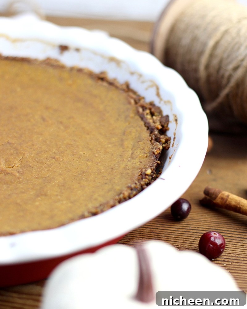 Slice of paleo pumpkin pie with pecan crust