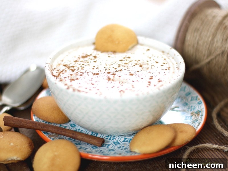 Eggnog dip in a bowl with cinnamon sprinkled on top.