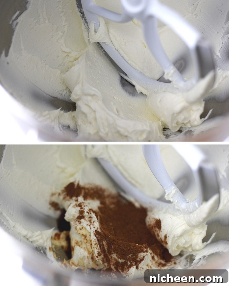 Two images showing cream cheese being mixed in a mixer and then with spices added.