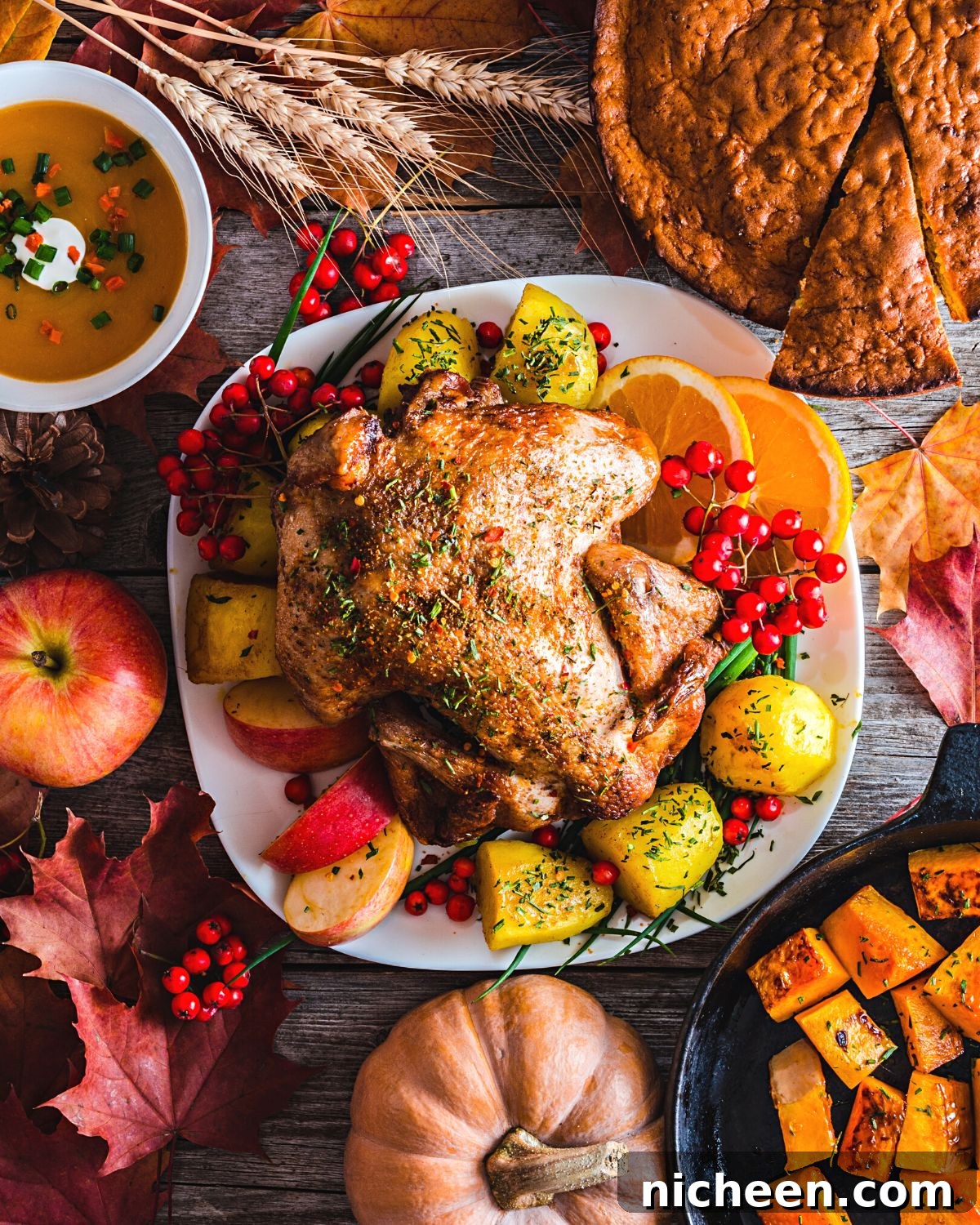 Thanksgiving Turkey on a plate with orange slices, citrus, and cranberries. Apple, gravy, and pie on the table. 