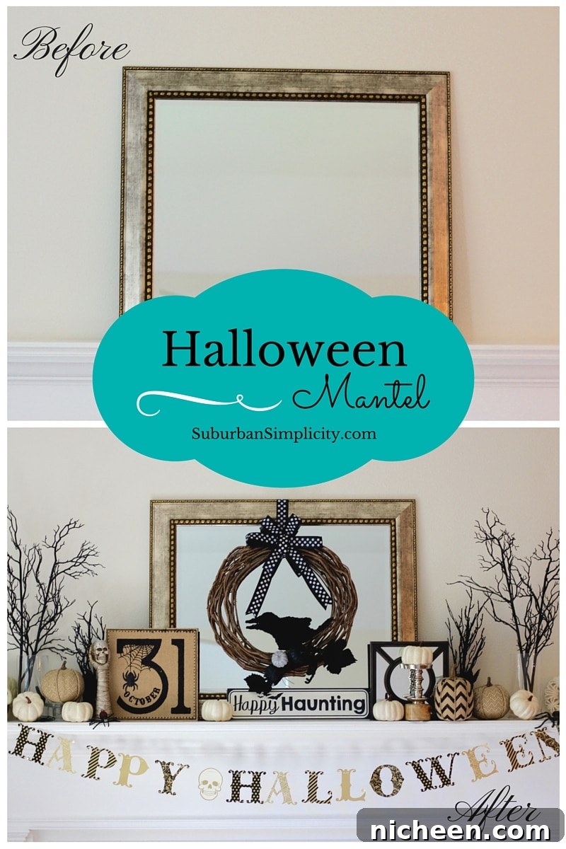 A before and after picture of what a decorated mantel can look like for Halloween.