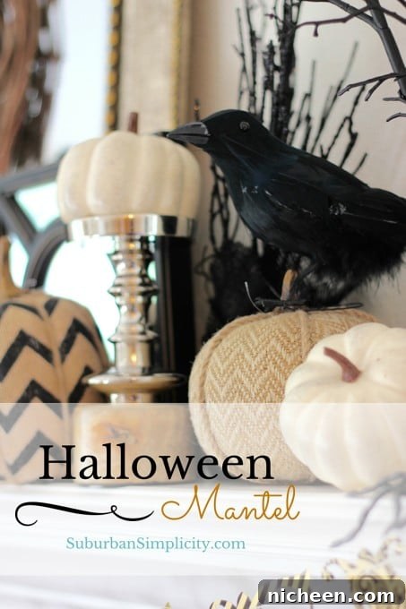 A spooky decorated Halloween mantel.