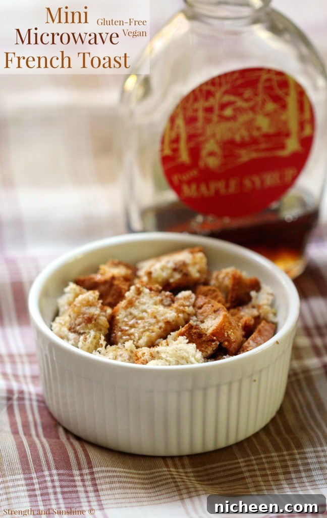 Mini-Microwave French Toast in a ramekin, maple syrup in the background